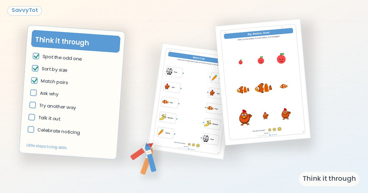Think-it-through checklist with size and match pages — SavvyTot critical-thinking cover.