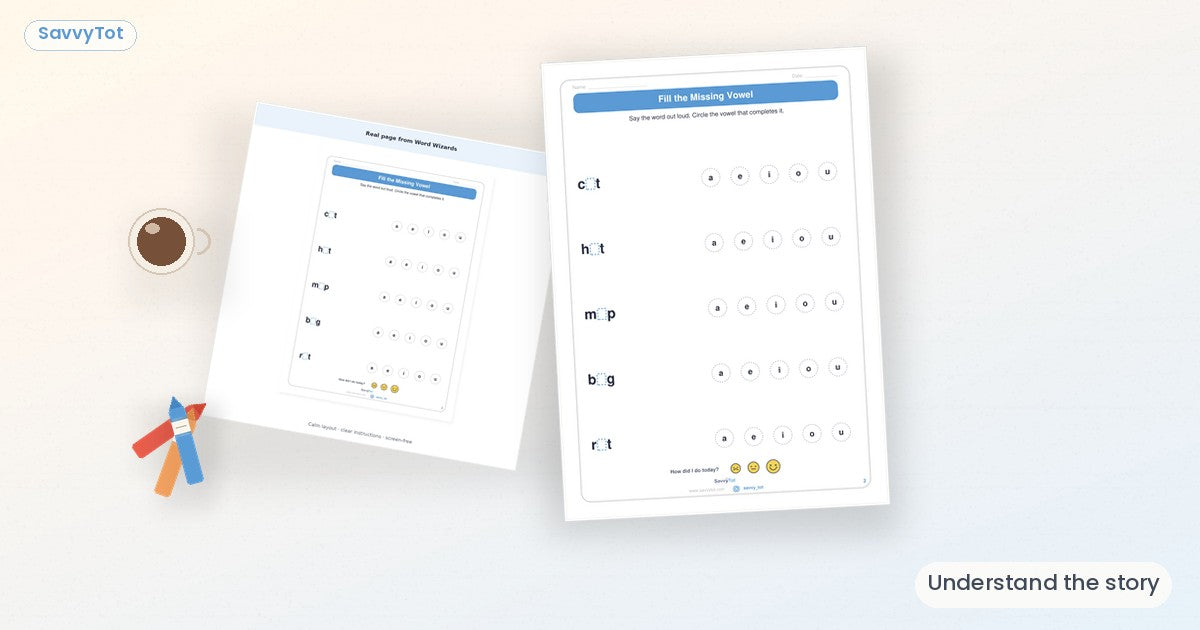 Phonics and word pages stacked for story understanding — SavvyTot reading comprehension cover.