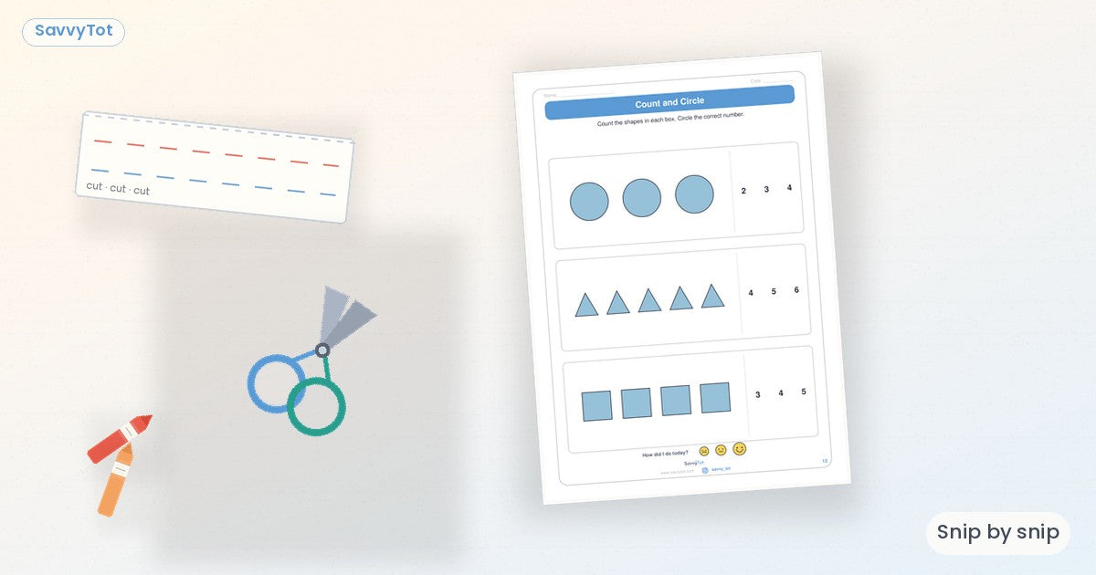 Drawn child-safe scissors and dashed snip strip with a fine-motor page — SavvyTot cutting how-to cover.