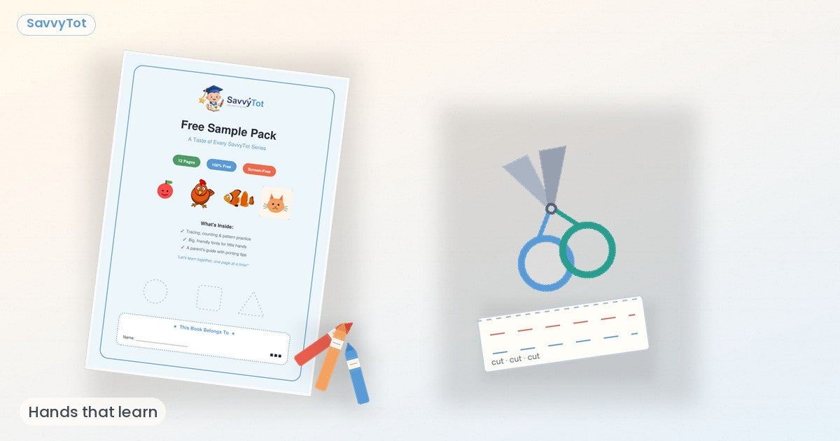 Central drawn scissors over a tracing worksheet — SavvyTot why scissor skills matter cover.