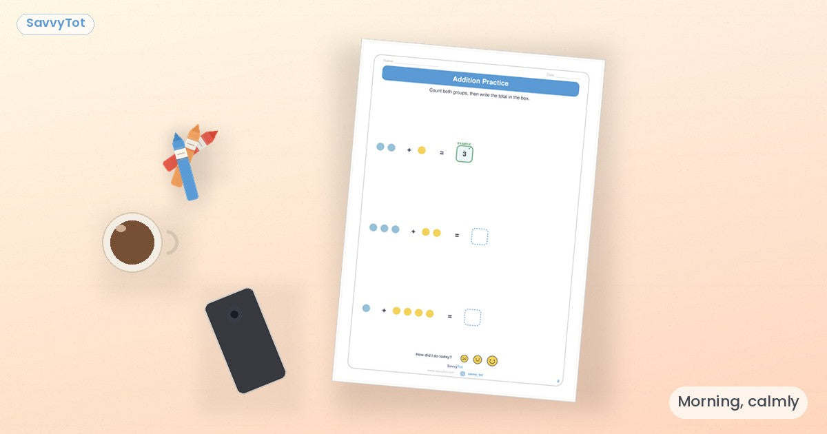 Morning table flat-lay with printable worksheet, mug, and face-down phone — SavvyTot Quiet Minutes cover.