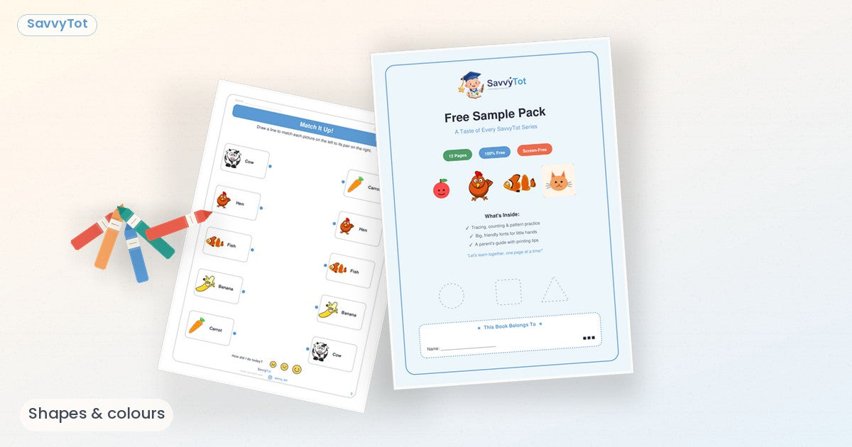 Crayons and shape/colour worksheets in a warm flat-lay — SavvyTot shapes and colours cover.