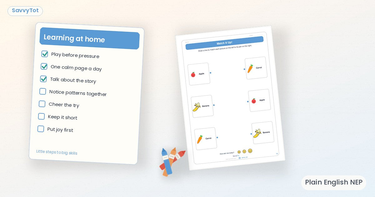 Calm checklist of home-learning habits beside a worksheet page — SavvyTot NEP explainer cover.