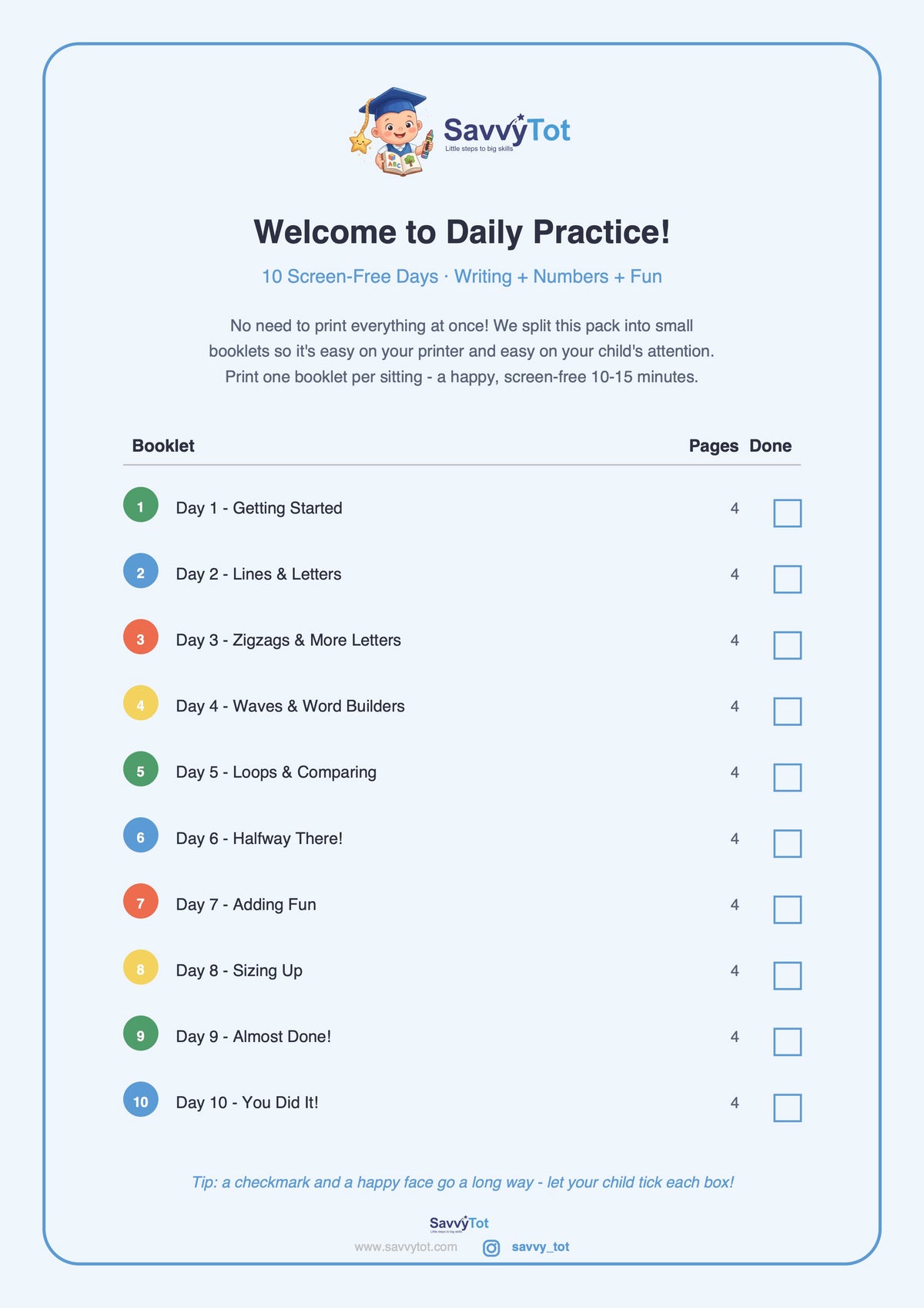 Daily Practice Worksheets for Kids | Screen-Free 10-Day Pack | SavvyTot