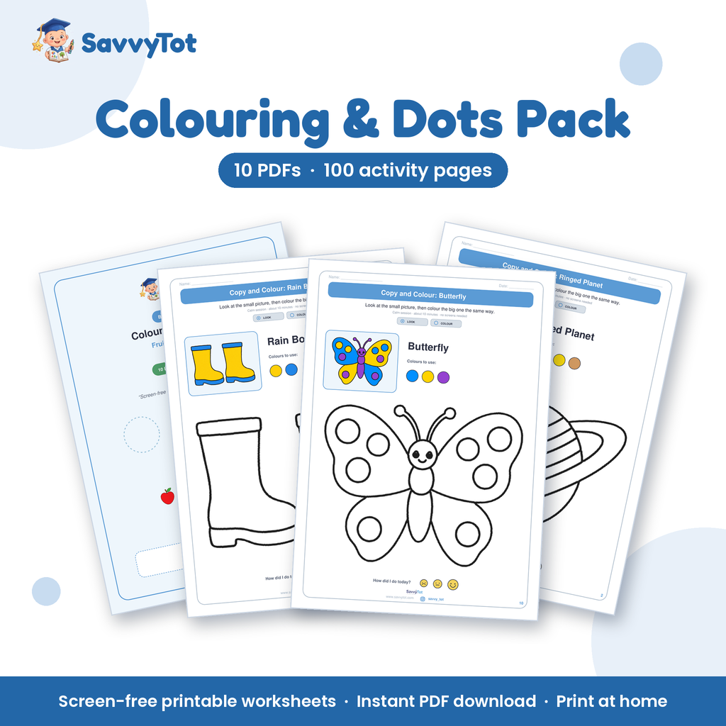 Colouring & Dots Pack cover showing sample activity pages