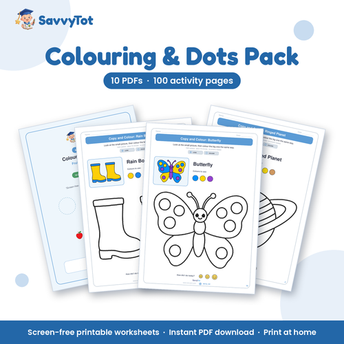 Colouring & Dots Pack cover showing sample activity pages