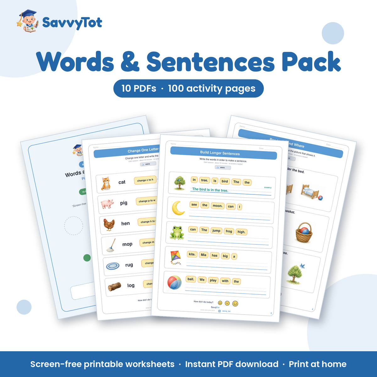Words & Sentences Pack cover showing sample activity pages