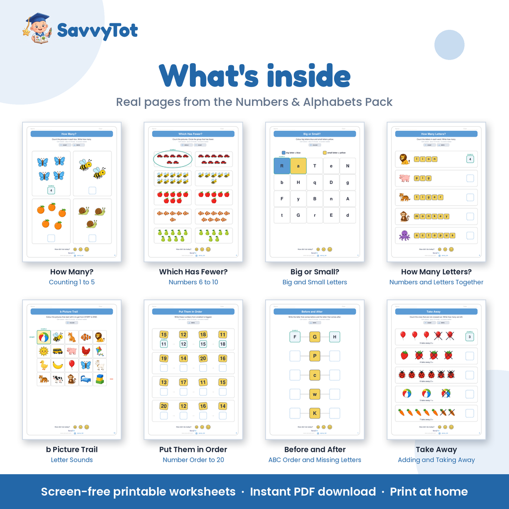 Numbers & Alphabets Pack what's inside: sample pages from the 10 booklets