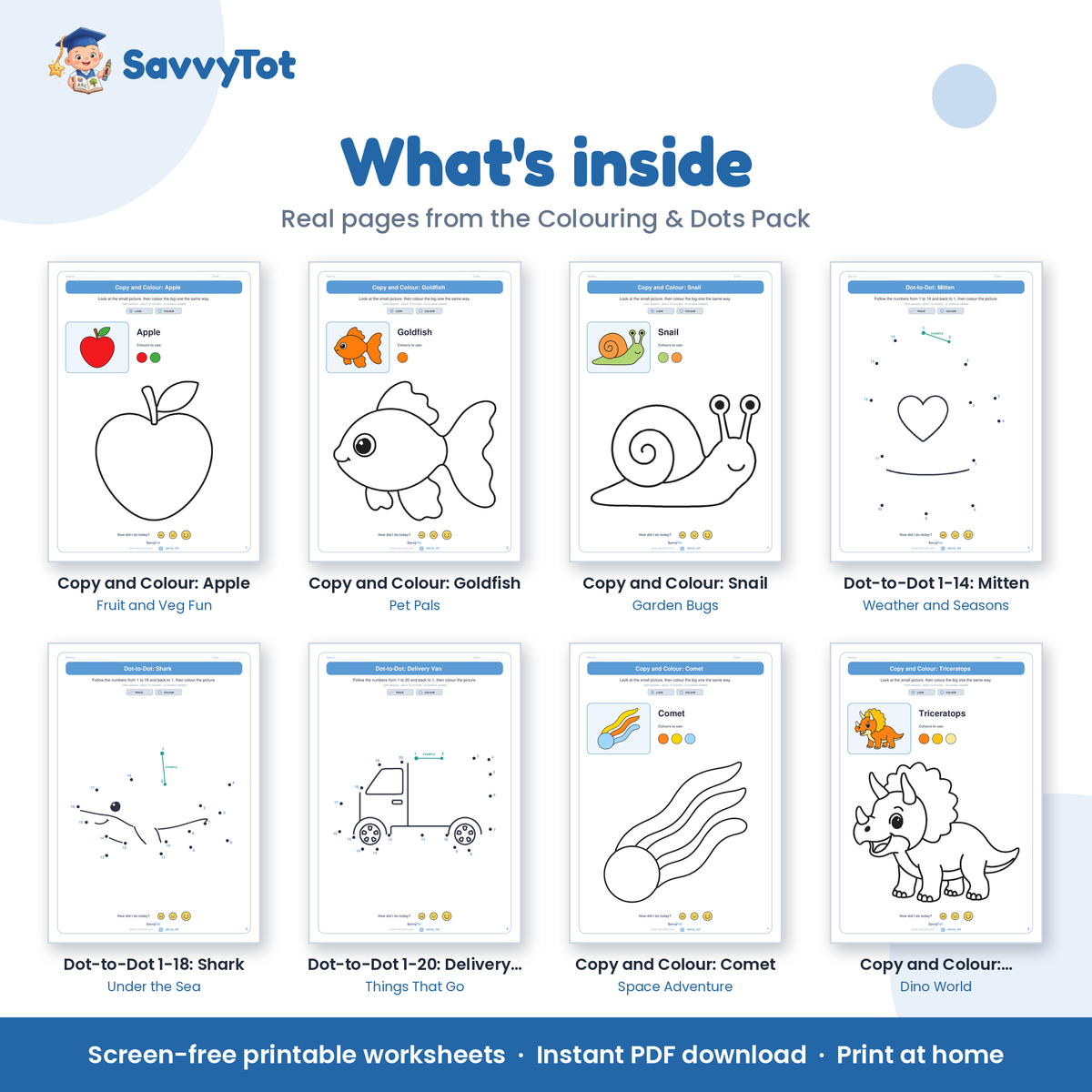 Colouring & Dots Pack what's inside: sample pages from the 10 booklets