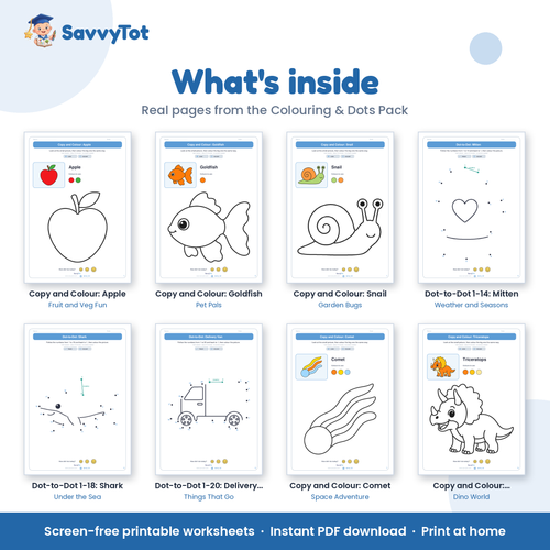 Colouring & Dots Pack what's inside: sample pages from the 10 booklets