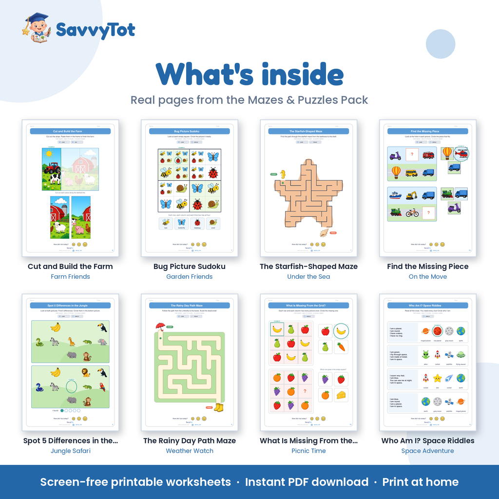 Mazes & Puzzles Pack what's inside: sample pages from the 10 booklets