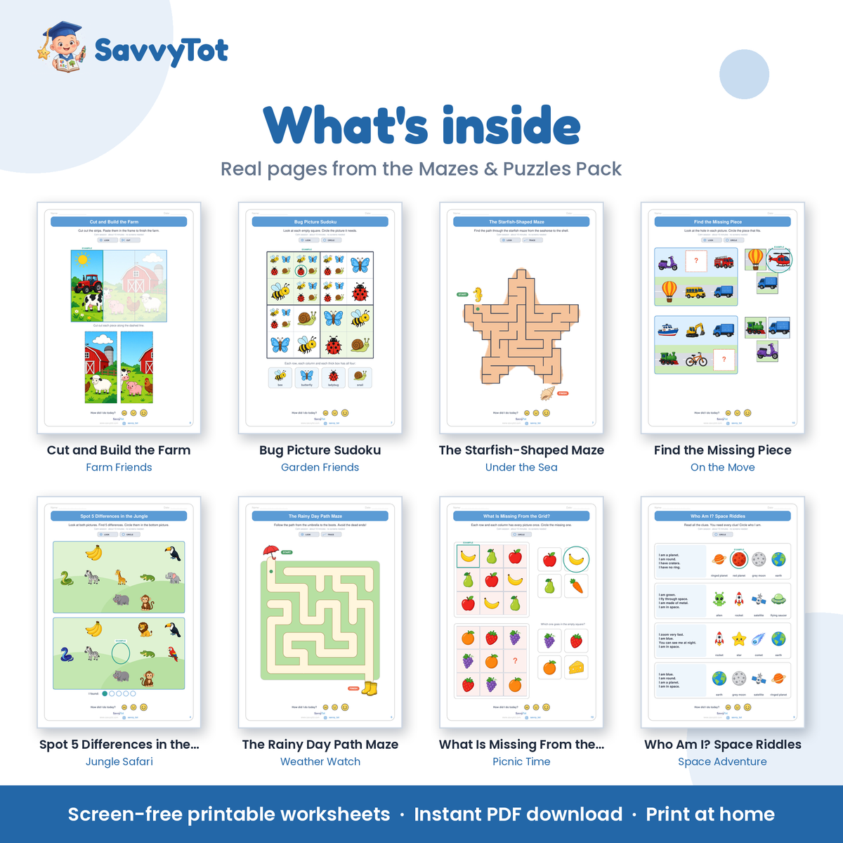Mazes & Puzzles Pack what's inside: sample pages from the 10 booklets