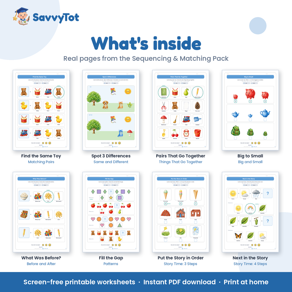 Sequencing & Matching Pack what's inside: sample pages from the 10 booklets