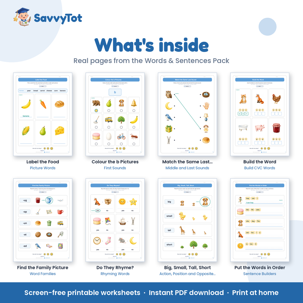 Words & Sentences Pack what's inside: sample pages from the 10 booklets