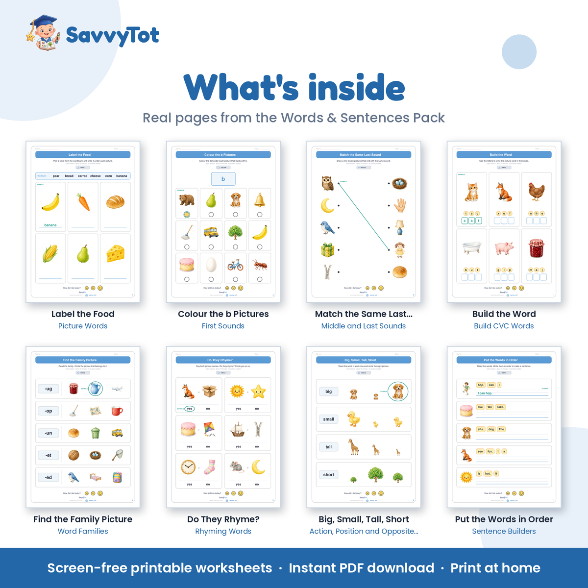 Words & Sentences Pack what's inside: sample pages from the 10 booklets