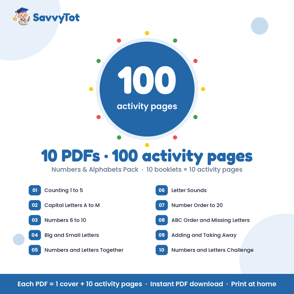 Numbers & Alphabets Pack: 10 PDFs, 100 activity pages, booklet list