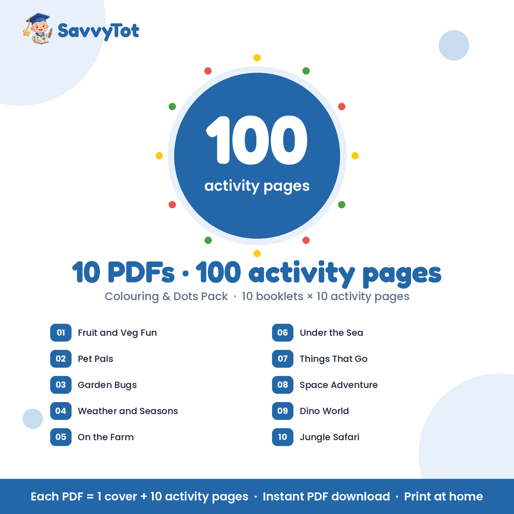 Colouring & Dots Pack: 10 PDFs, 100 activity pages, booklet list