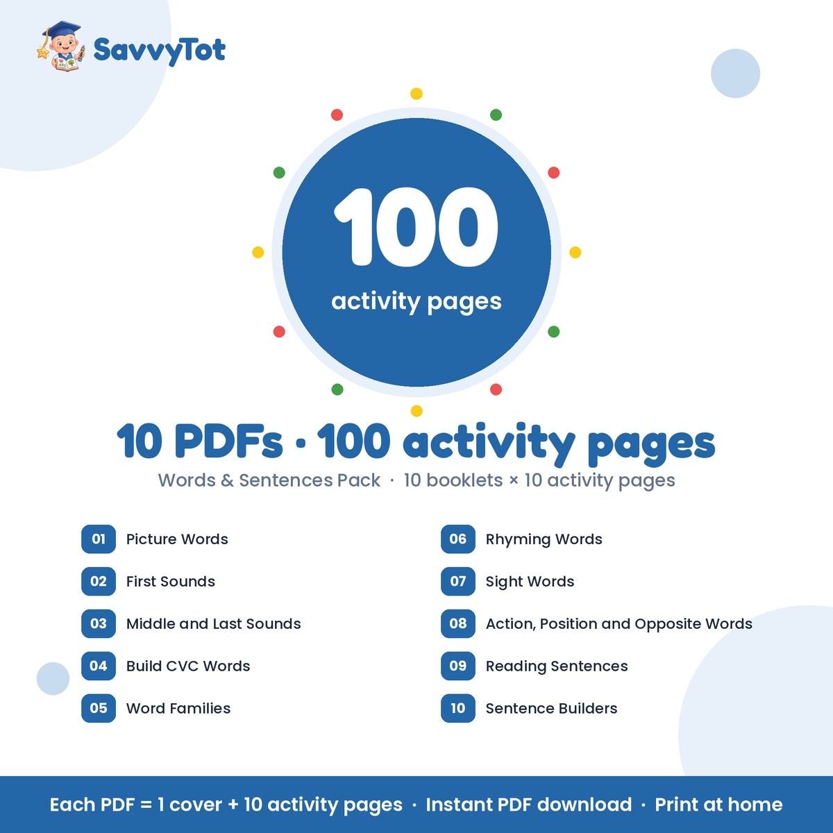 Words & Sentences Pack: 10 PDFs, 100 activity pages, booklet list