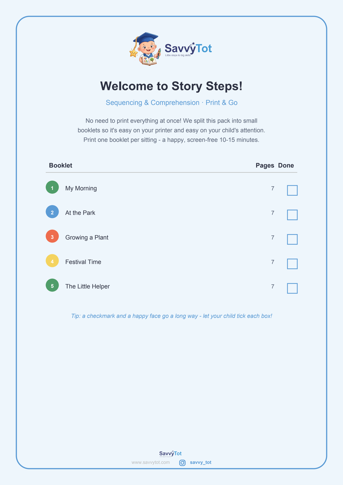 Story Steps Sequencing Comprehension Pack — SavvyTot printable worksheets